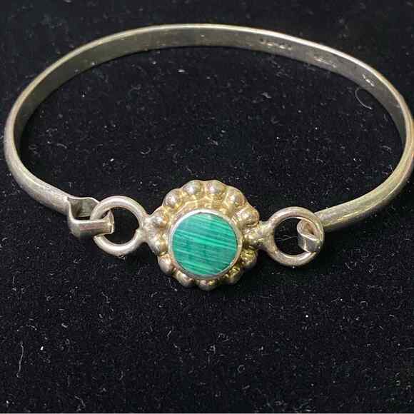 Vintage Malachite Taxco Mexico Sterling Silver 925 Hook Lock Bracelet Bangle - Picture 6 of 7